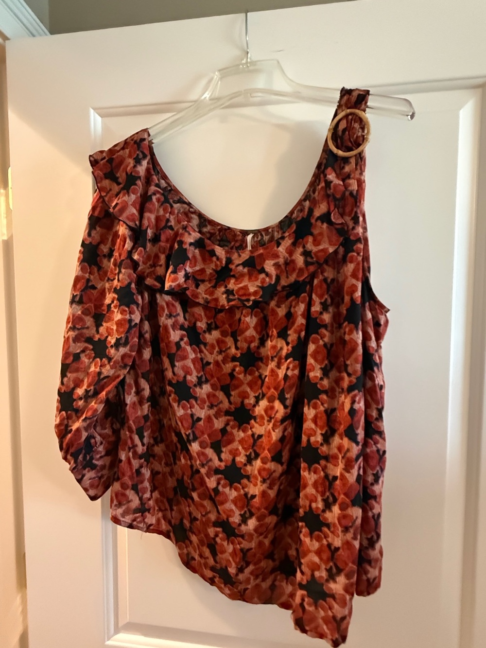 Free People One-Shoulder Floral Blouse in Rust and Black with Wood Buckle